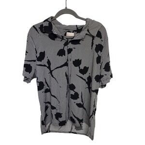 INDUSTRY XL TG Black White‎ Striped Floral Short Sleeve Button Up Shirt Top